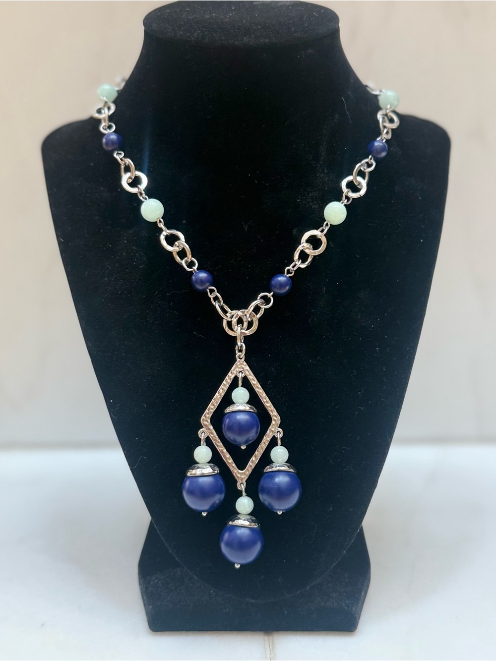 Lia Sophia Necklace with Navy Blue and Mint Bead Drops